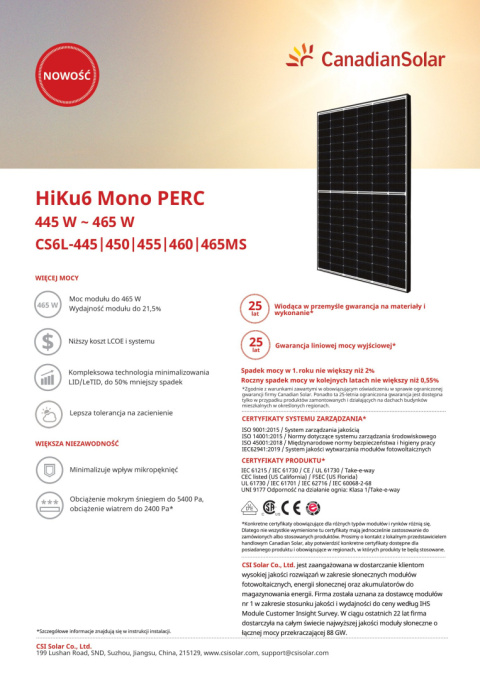 CanadianSolar HiKu6 CS6L-MS Mono PERC 455W Czarna rama