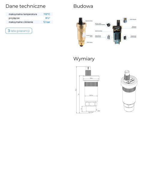 Odpowietrznik automatyczny PIONOWY PRIMOVENT G3/8'' z AQUASTOP i Zaworem Stopowym R1/2''