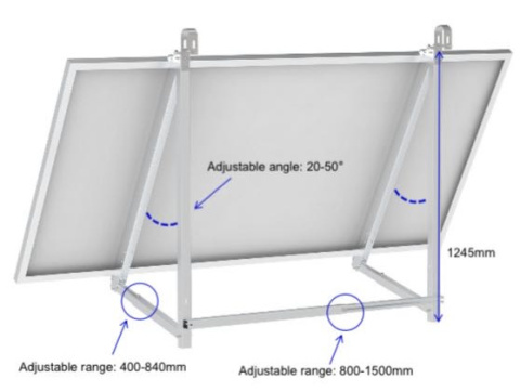 Balcony construction with double adjustment for mounting solar panels 22°-50° (TYPE1)
