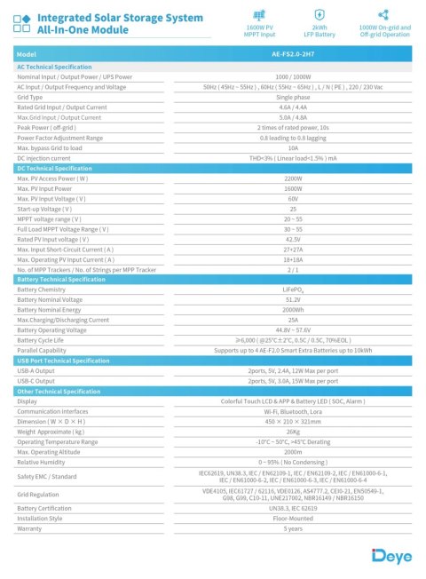 DEYE All In One AE-FS2.0-2H2 (1000W Inverter + 2kWh battery) low voltage