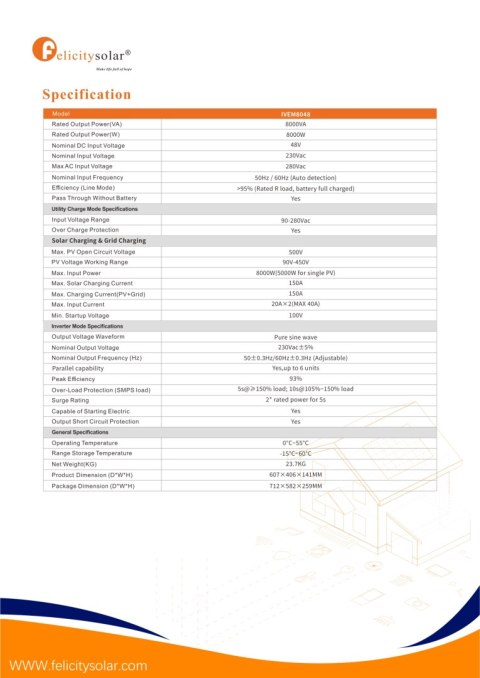 Felicity Netzunabhängiger Hybrid-Wechselrichter IVEM8048, 8KW, 48V (1-phasig)