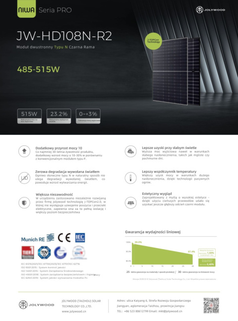 JOLYWOOD JW-HD-108N-500W R2 BIFACIAL Czarna Rama (N-type)