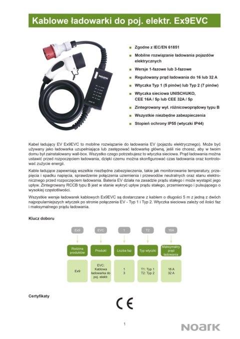 NOARK Ładowarka kablowa do samochodów elektrycznych, Typ 2, 3 fazowa, 22.1kW
