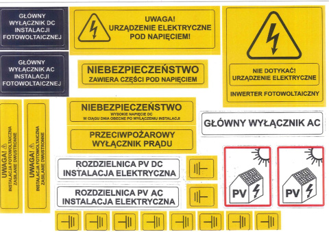 Zestaw etykiet (naklejek) dla instalacji fotowoltaicznej