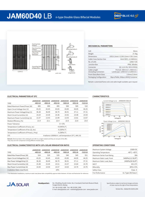 JA SOLAR JAM60D40 BIFACIAL 500W LB Czarna rama MC4 (N-Type)