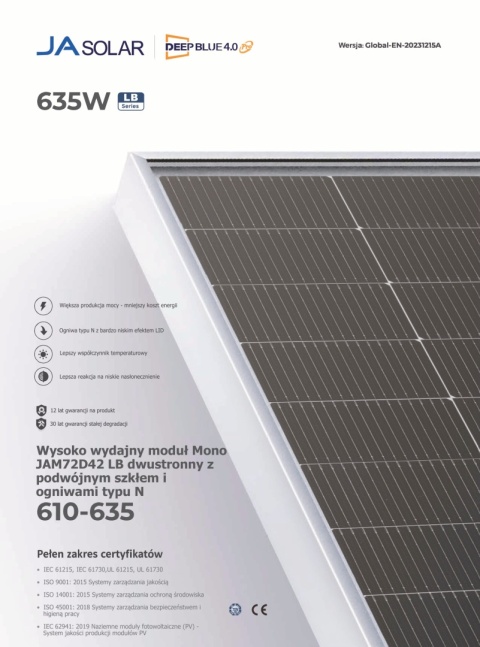 JA SOLAR JAM72D42-635W LB BIFACIAL(N-Type) MC4-EVO2