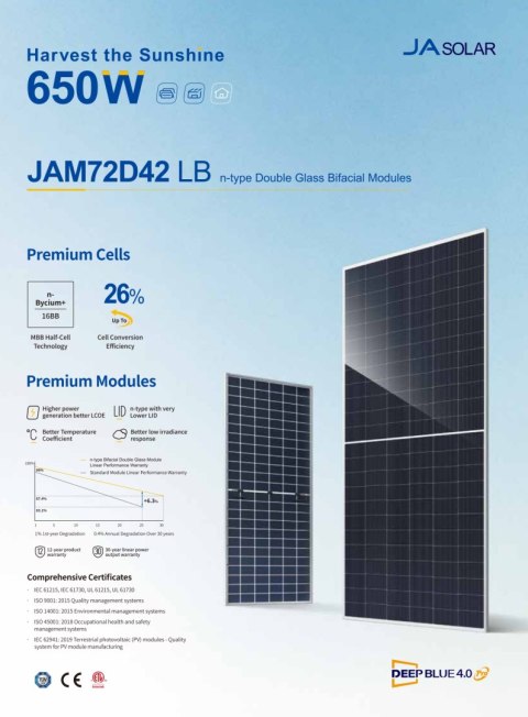 JA SOLAR JAM72D42-630W LB BIFACIAL (N-Type) MC4-EVO2