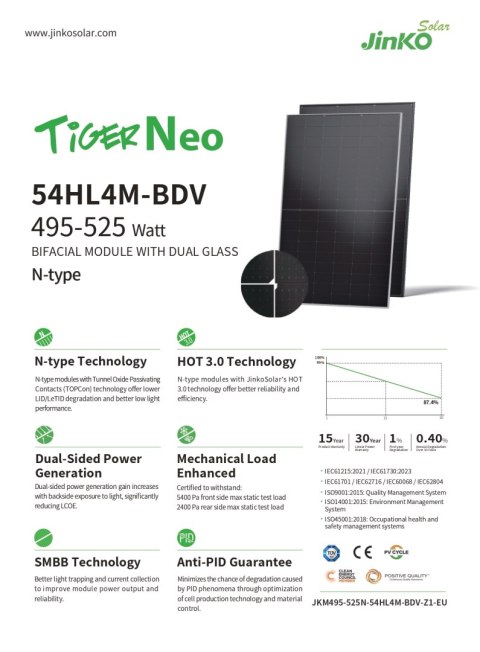 JINKO JKM505N-54HL4M-BDV BIFACIAL 505W Czarna Rama (Tiger neo N-Type)