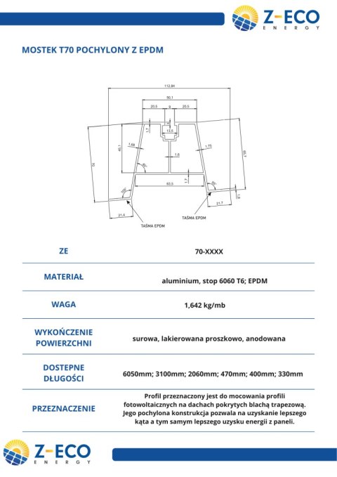 Mostek Trapezowy pochylony Wys=70mm L:2005mm bez EPDM