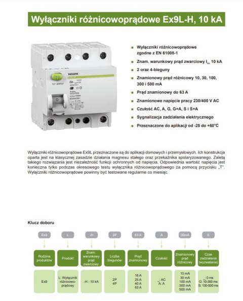 NOARK Wyłącznik różnicowoprądowy 3-faz 4P 40A 300mA 6kA TypA (108370)