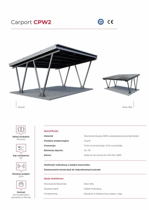 Wiaty / Carport W2 z konstrukcją pod PV (układ 3 moduł pionowo L>1960mm)