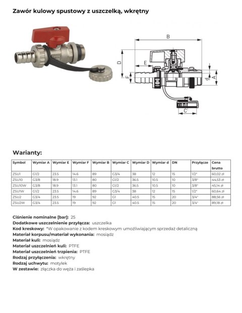 Zawór kulowy spustowy 3/4'' z uszczelką