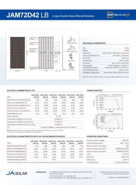 JA SOLAR JAM72D42-650W LB BIFACIAL(N-Type) MC4-EVO2